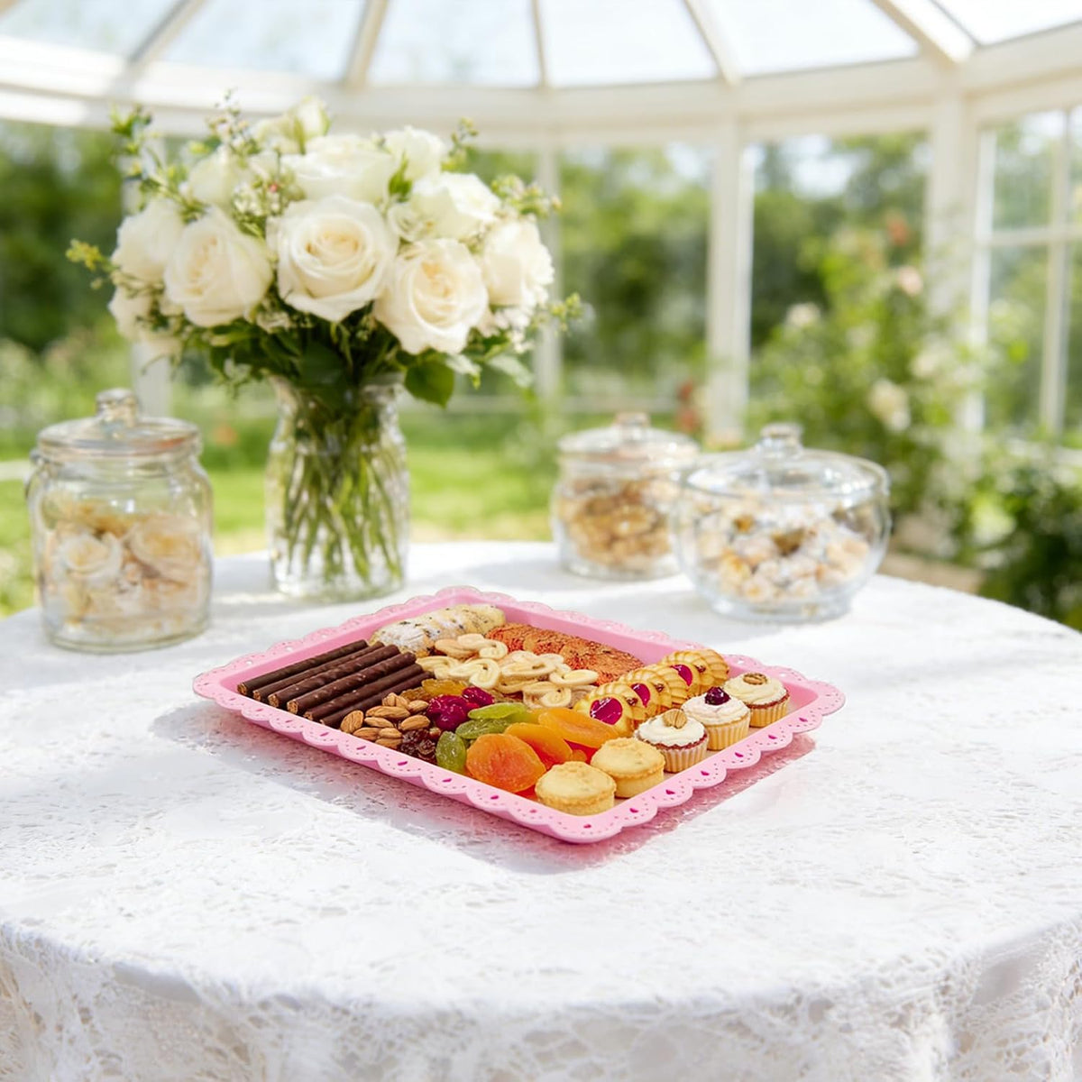 4 Pack Plastic Serving Tray for Party, 14.5 x 9.4 Inch Heavy Duty Platters for Party Buffet Wedding (Pink)