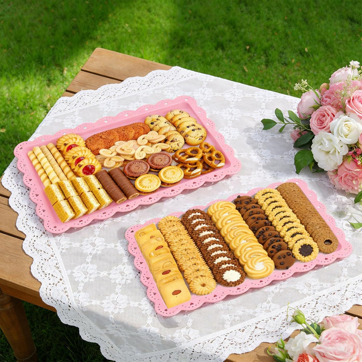 4 Pack Plastic Serving Tray for Party, 14.5 x 9.4 Inch Heavy Duty Platters for Party Buffet Wedding (Pink)