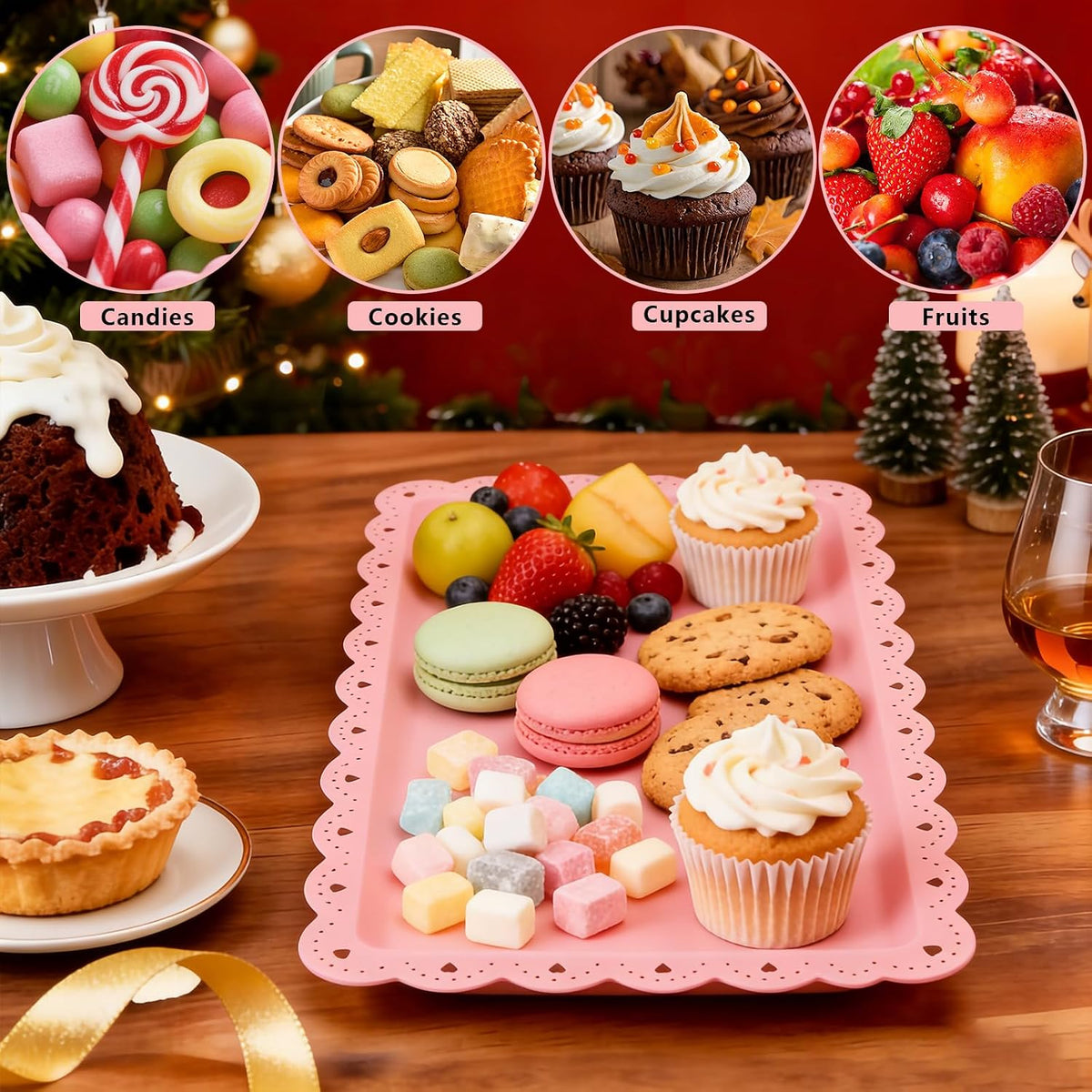 4 Pack Plastic Serving Tray for Party, 14.5 x 9.4 Inch Heavy Duty Platters for Party Buffet Wedding (Pink)