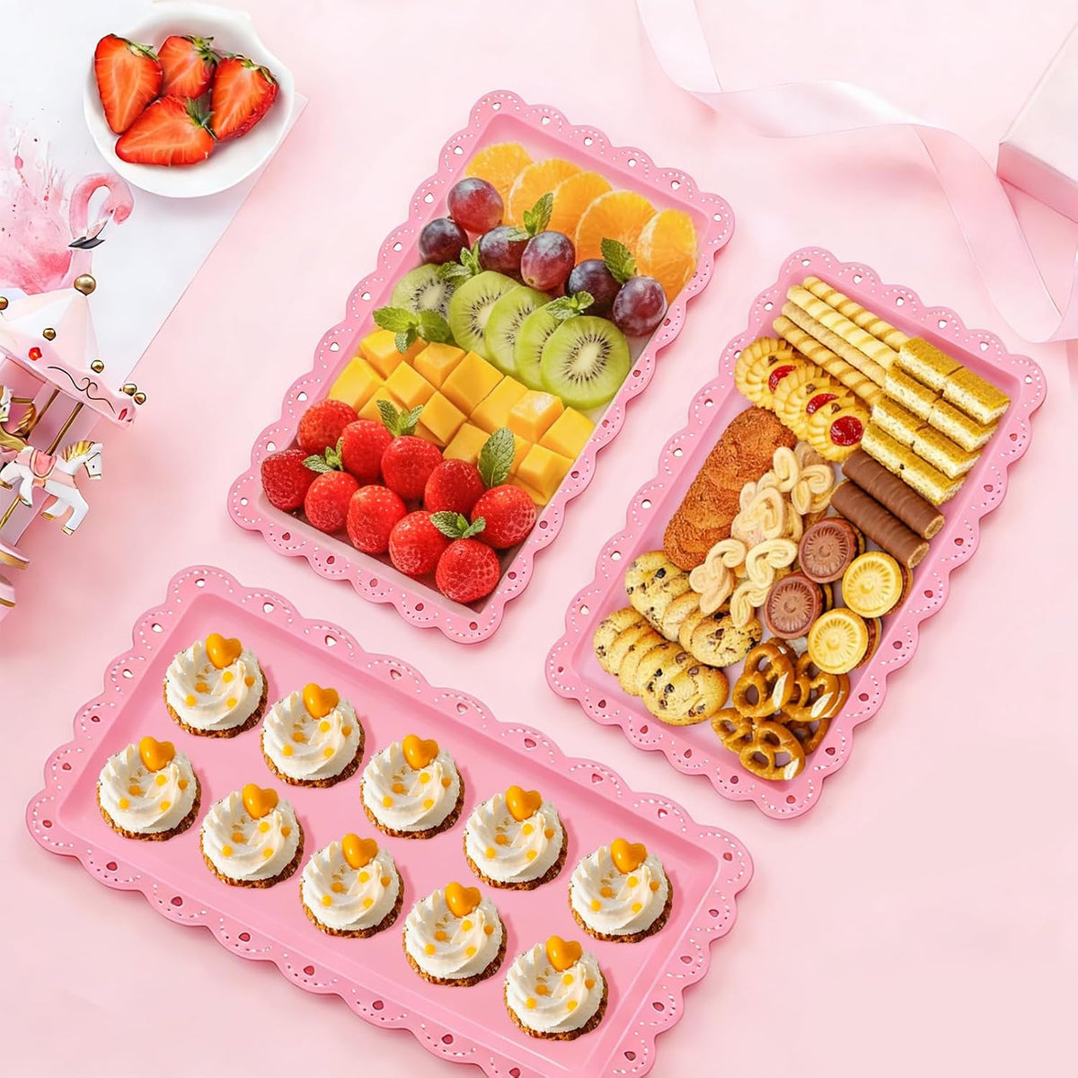 4 Pack Plastic Serving Tray for Party, 14.5 x 9.4 Inch Heavy Duty Platters for Party Buffet Wedding (Pink)