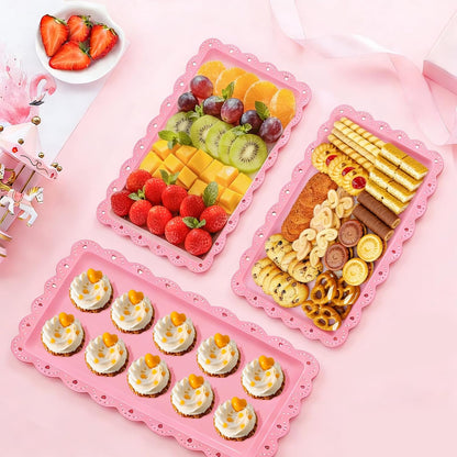 4 Pack Plastic Serving Tray for Party, 14.5 x 9.4 Inch Heavy Duty Platters for Party Buffet Wedding (Pink)