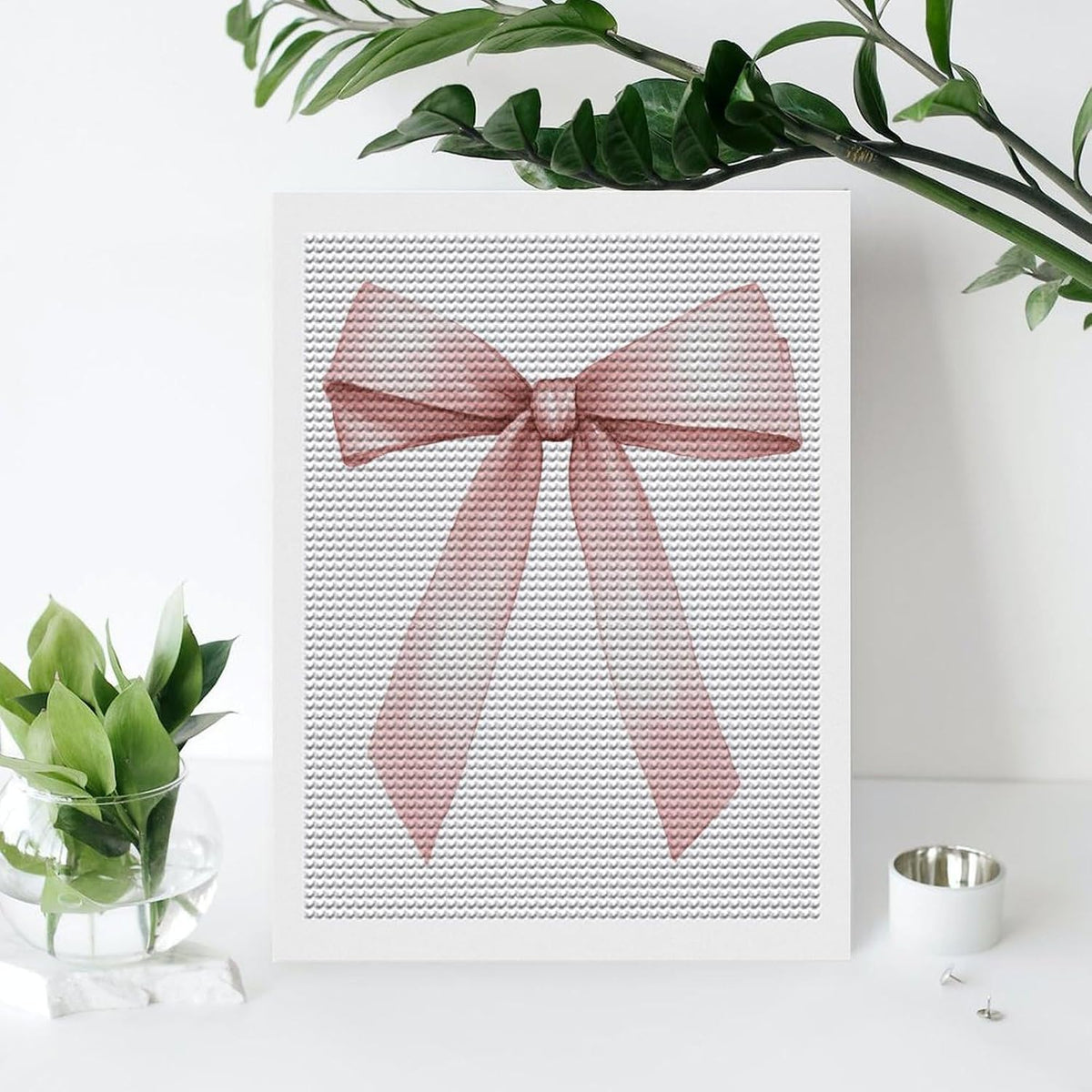 Pink Ribbon Bow in Coquette Garden DIY Gem Art Painting Kit for Adults Full Drill Round Gem Craft Kit 12"x16"