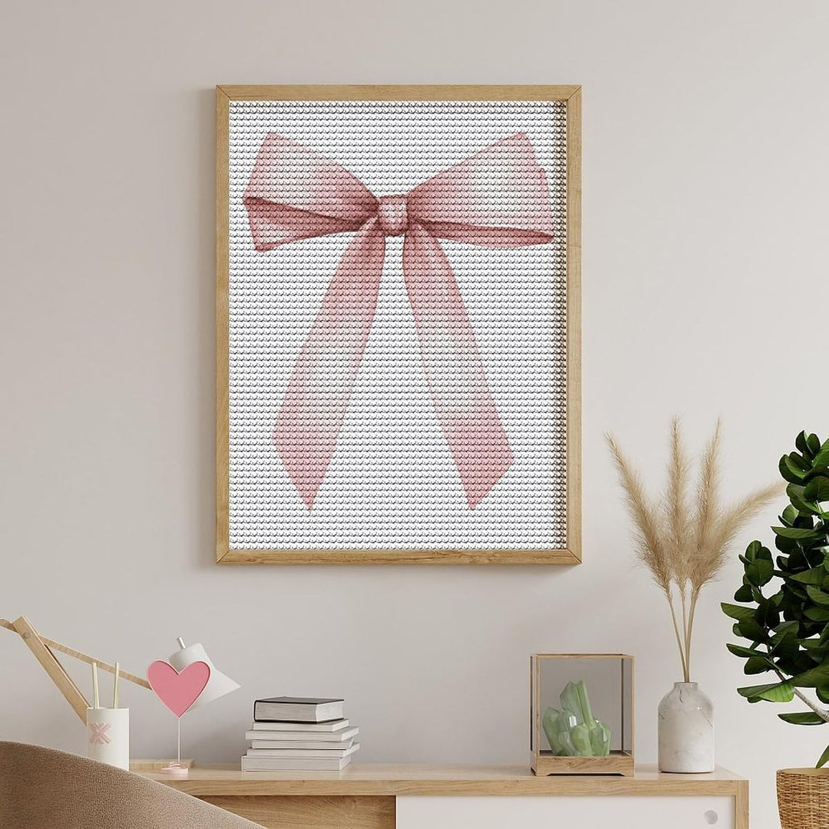 Pink Ribbon Bow in Coquette Garden DIY Gem Art Painting Kit for Adults Full Drill Round Gem Craft Kit 12"x16"