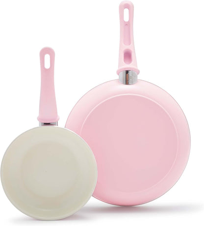 Non Stick Fry Pan Set (7" & 10"), Non-Toxic PFAS-Free Ceramic Skillets, Dishwasher & Oven Safe, Egg Omelet Frying Pans, Stay- Cool Handles, Kitchen Home Cooking Essentials, Pink