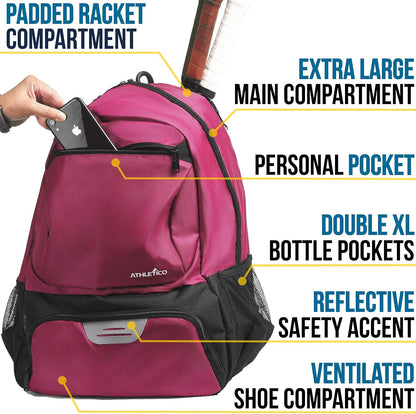 Premier Tennis Backpack - Tennis Bag Holds 2 Rackets in Padded Compartment | Separate Ventilated Shoe Compartment | Tennis Bags for Men or Women