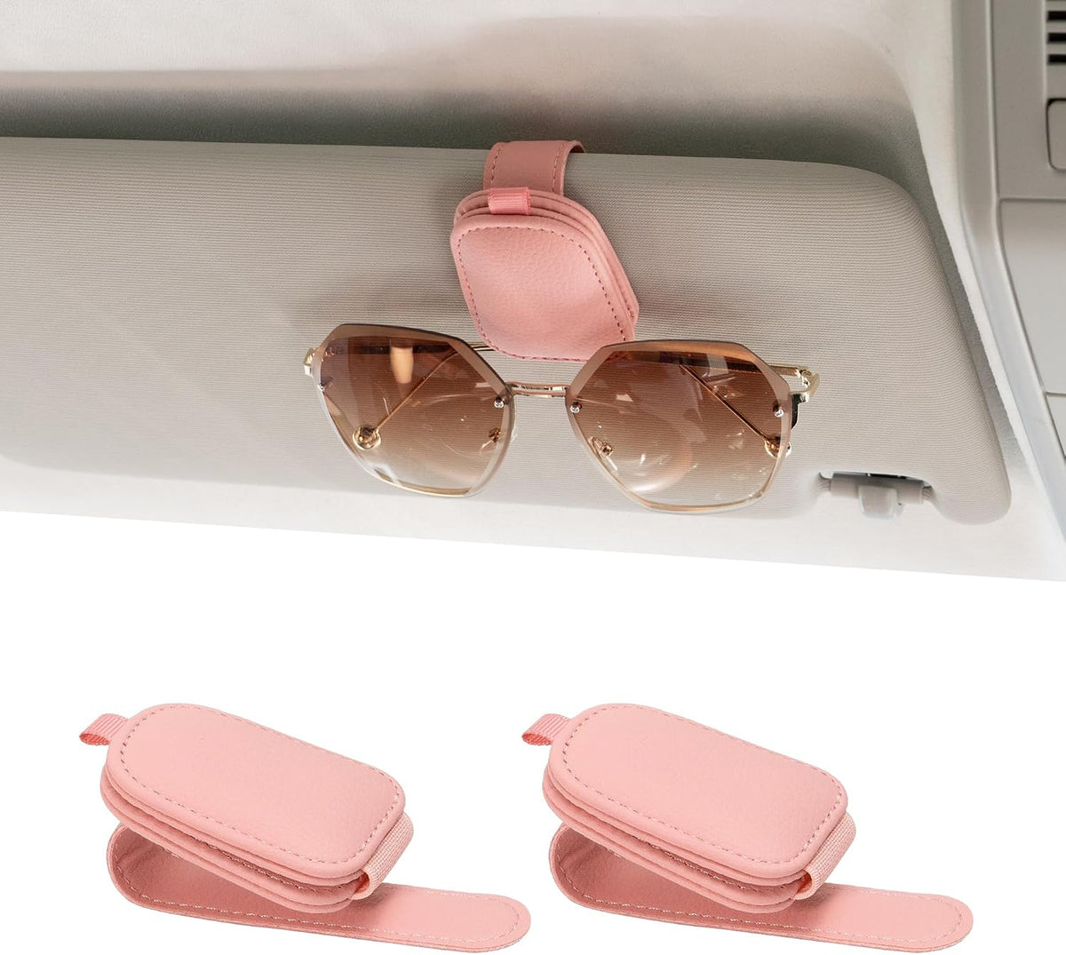 Sunglass Holder for Car, Magnetic Leather Sunglasses Holder and Ticket Card Clip, Car Visor Accessories, 2 Packs (Pink)