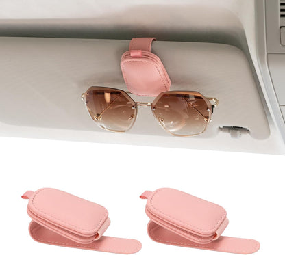 Sunglass Holder for Car, Magnetic Leather Sunglasses Holder and Ticket Card Clip, Car Visor Accessories, 2 Packs (Pink)