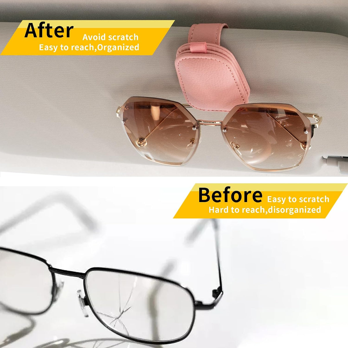 Sunglass Holder for Car, Magnetic Leather Sunglasses Holder and Ticket Card Clip, Car Visor Accessories, 2 Packs (Pink)
