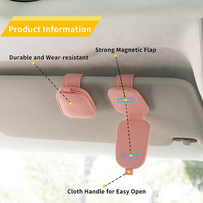 Sunglass Holder for Car, Magnetic Leather Sunglasses Holder and Ticket Card Clip, Car Visor Accessories, 2 Packs (Pink)