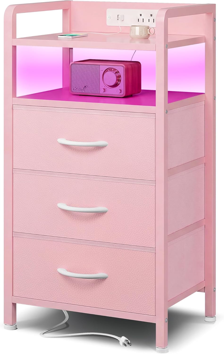 Night Stand Bedside Charger Bedroom - Nightstand with Charging Station & LED Light Strip, Night Stand with Storage Shelf & 3 Fabric Drawers, Morden End Table with USB Ports&AC Outlets,Pink
