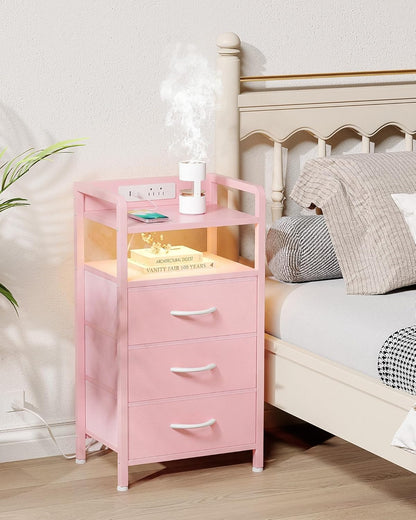 Night Stand Bedside Charger Bedroom - Nightstand with Charging Station & LED Light Strip, Night Stand with Storage Shelf & 3 Fabric Drawers, Morden End Table with USB Ports&AC Outlets,Pink