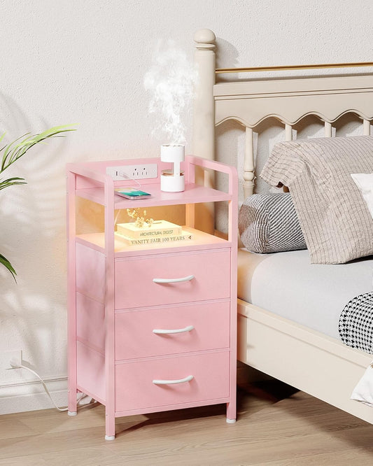 Night Stand Bedside Charger Bedroom - Nightstand with Charging Station & LED Light Strip, Night Stand with Storage Shelf & 3 Fabric Drawers, Morden End Table with USB Ports&AC Outlets,Pink