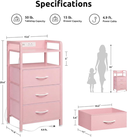 Night Stand Bedside Charger Bedroom - Nightstand with Charging Station & LED Light Strip, Night Stand with Storage Shelf & 3 Fabric Drawers, Morden End Table with USB Ports&AC Outlets,Pink