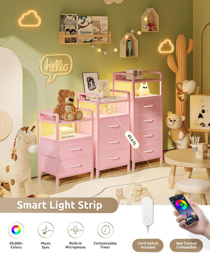 Night Stand Bedside Charger Bedroom - Nightstand with Charging Station & LED Light Strip, Night Stand with Storage Shelf & 3 Fabric Drawers, Morden End Table with USB Ports&AC Outlets,Pink
