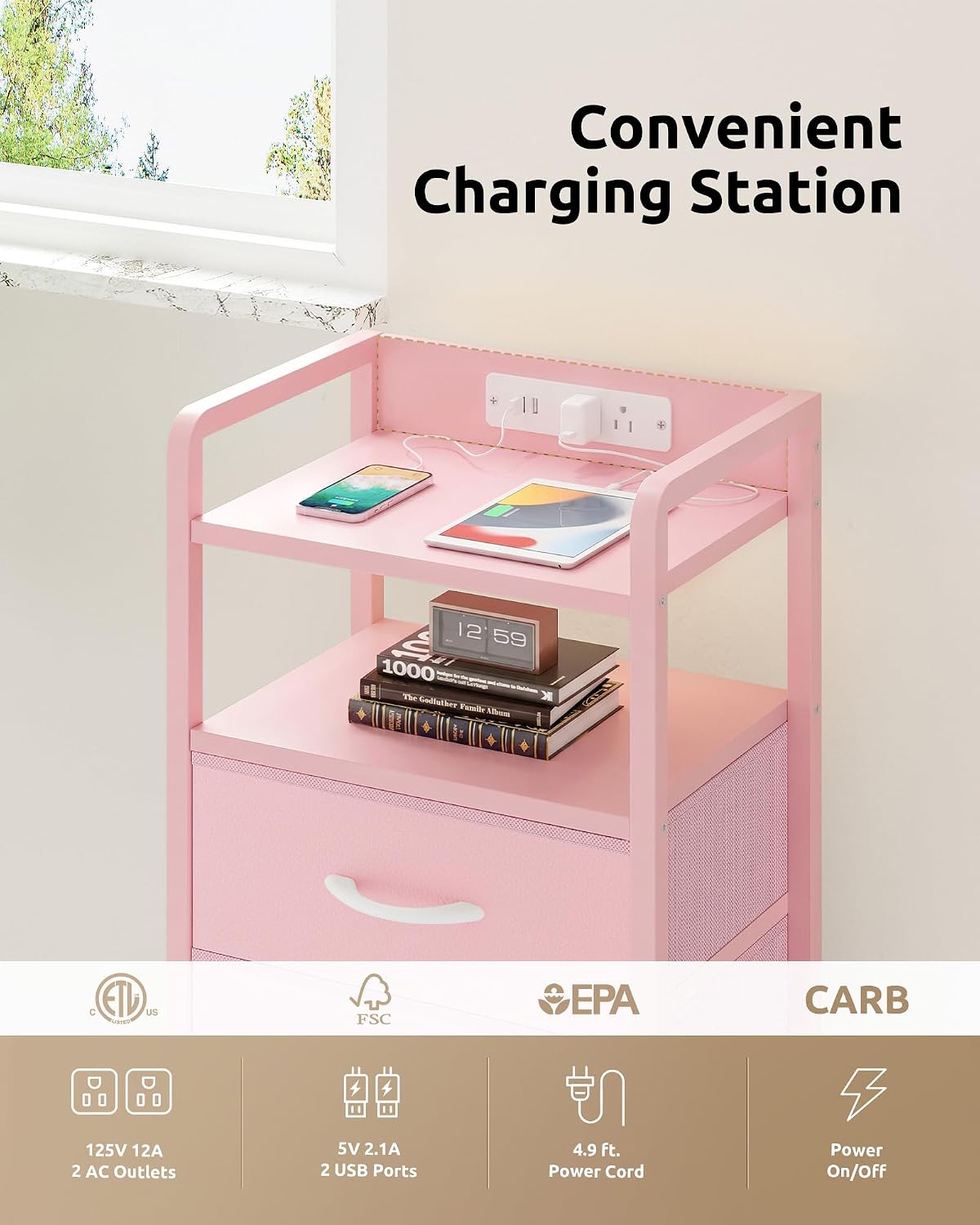 Night Stand Bedside Charger Bedroom - Nightstand with Charging Station & LED Light Strip, Night Stand with Storage Shelf & 3 Fabric Drawers, Morden End Table with USB Ports&AC Outlets,Pink