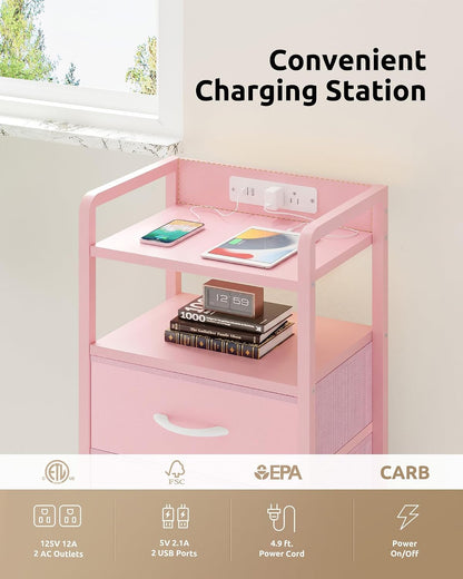 Night Stand Bedside Charger Bedroom - Nightstand with Charging Station & LED Light Strip, Night Stand with Storage Shelf & 3 Fabric Drawers, Morden End Table with USB Ports&AC Outlets,Pink