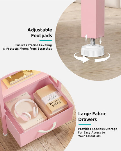 Night Stand Bedside Charger Bedroom - Nightstand with Charging Station & LED Light Strip, Night Stand with Storage Shelf & 3 Fabric Drawers, Morden End Table with USB Ports&AC Outlets,Pink