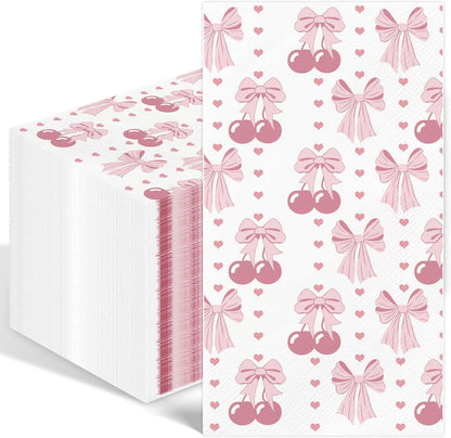100PCS Pink Bow Napkins Disposable Hand Towels for Bathroom 3 Ply Decorative Bow and Cherry Paper Napkins Pink Coquette Party Guest Napkins for Birthday Bachelorette Bridal Wedding Party
