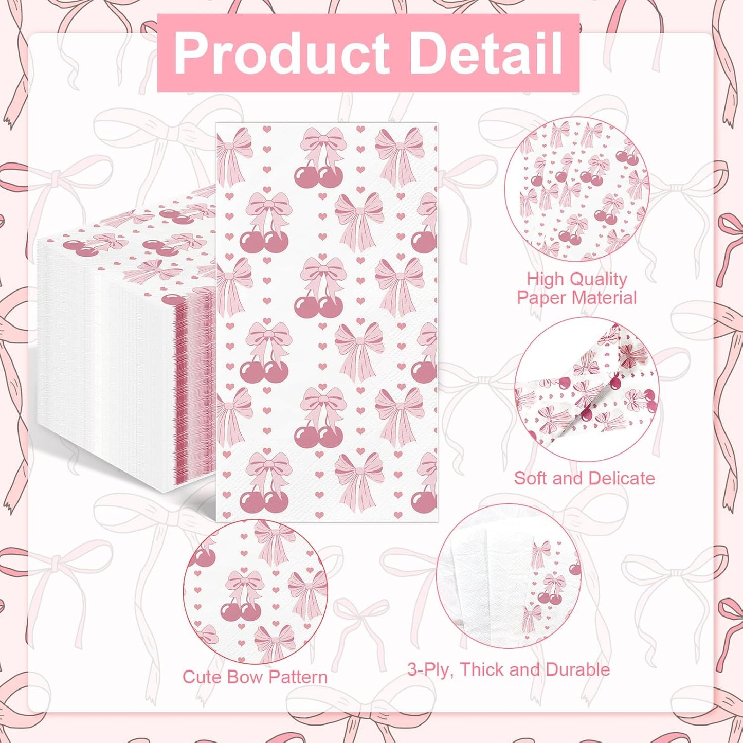 100PCS Pink Bow Napkins Disposable Hand Towels for Bathroom 3 Ply Decorative Bow and Cherry Paper Napkins Pink Coquette Party Guest Napkins for Birthday Bachelorette Bridal Wedding Party