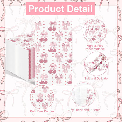100PCS Pink Bow Napkins Disposable Hand Towels for Bathroom 3 Ply Decorative Bow and Cherry Paper Napkins Pink Coquette Party Guest Napkins for Birthday Bachelorette Bridal Wedding Party