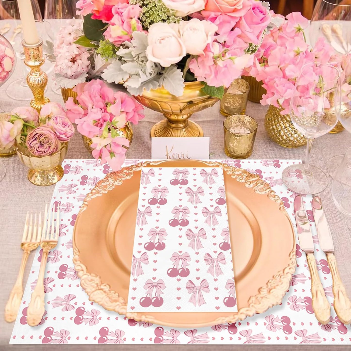 100PCS Pink Bow Napkins Disposable Hand Towels for Bathroom 3 Ply Decorative Bow and Cherry Paper Napkins Pink Coquette Party Guest Napkins for Birthday Bachelorette Bridal Wedding Party