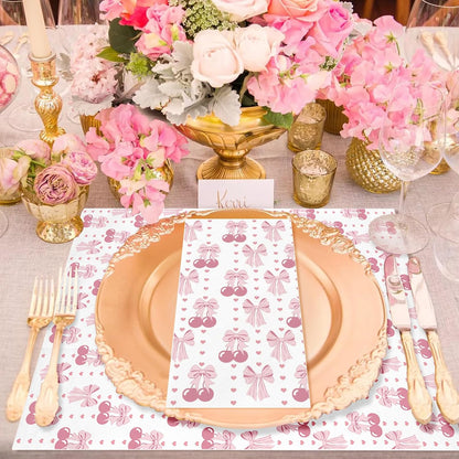 100PCS Pink Bow Napkins Disposable Hand Towels for Bathroom 3 Ply Decorative Bow and Cherry Paper Napkins Pink Coquette Party Guest Napkins for Birthday Bachelorette Bridal Wedding Party