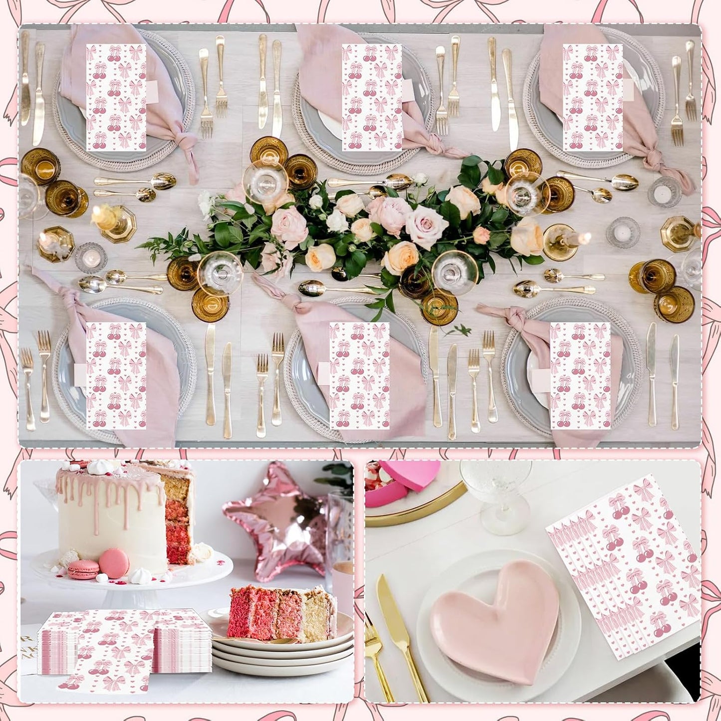 100PCS Pink Bow Napkins Disposable Hand Towels for Bathroom 3 Ply Decorative Bow and Cherry Paper Napkins Pink Coquette Party Guest Napkins for Birthday Bachelorette Bridal Wedding Party