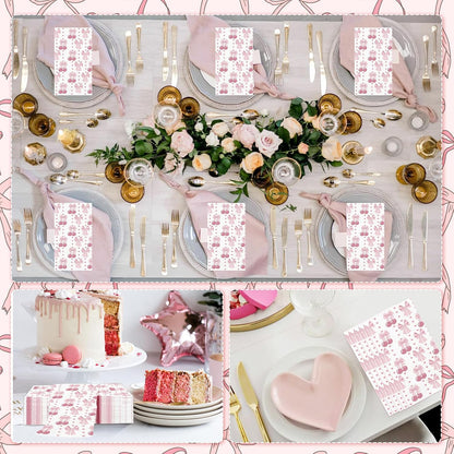100PCS Pink Bow Napkins Disposable Hand Towels for Bathroom 3 Ply Decorative Bow and Cherry Paper Napkins Pink Coquette Party Guest Napkins for Birthday Bachelorette Bridal Wedding Party