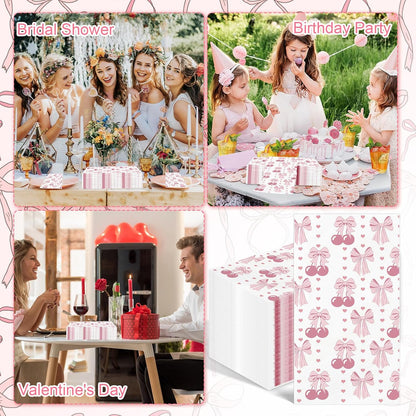 100PCS Pink Bow Napkins Disposable Hand Towels for Bathroom 3 Ply Decorative Bow and Cherry Paper Napkins Pink Coquette Party Guest Napkins for Birthday Bachelorette Bridal Wedding Party