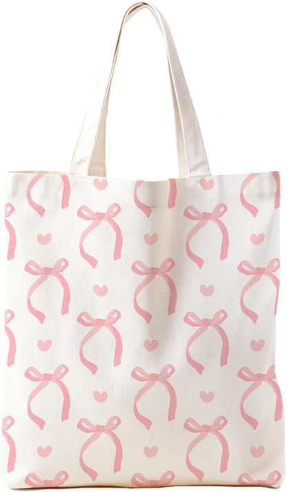 Coquette Pink Bow Preppy Canvas Library Tote Bag Gifts for Women Teen Girls，Canvas Bags With Handles