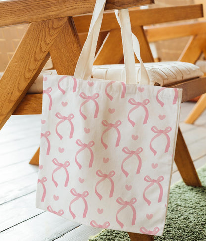 Coquette Pink Bow Preppy Canvas Library Tote Bag Gifts for Women Teen Girls，Canvas Bags With Handles