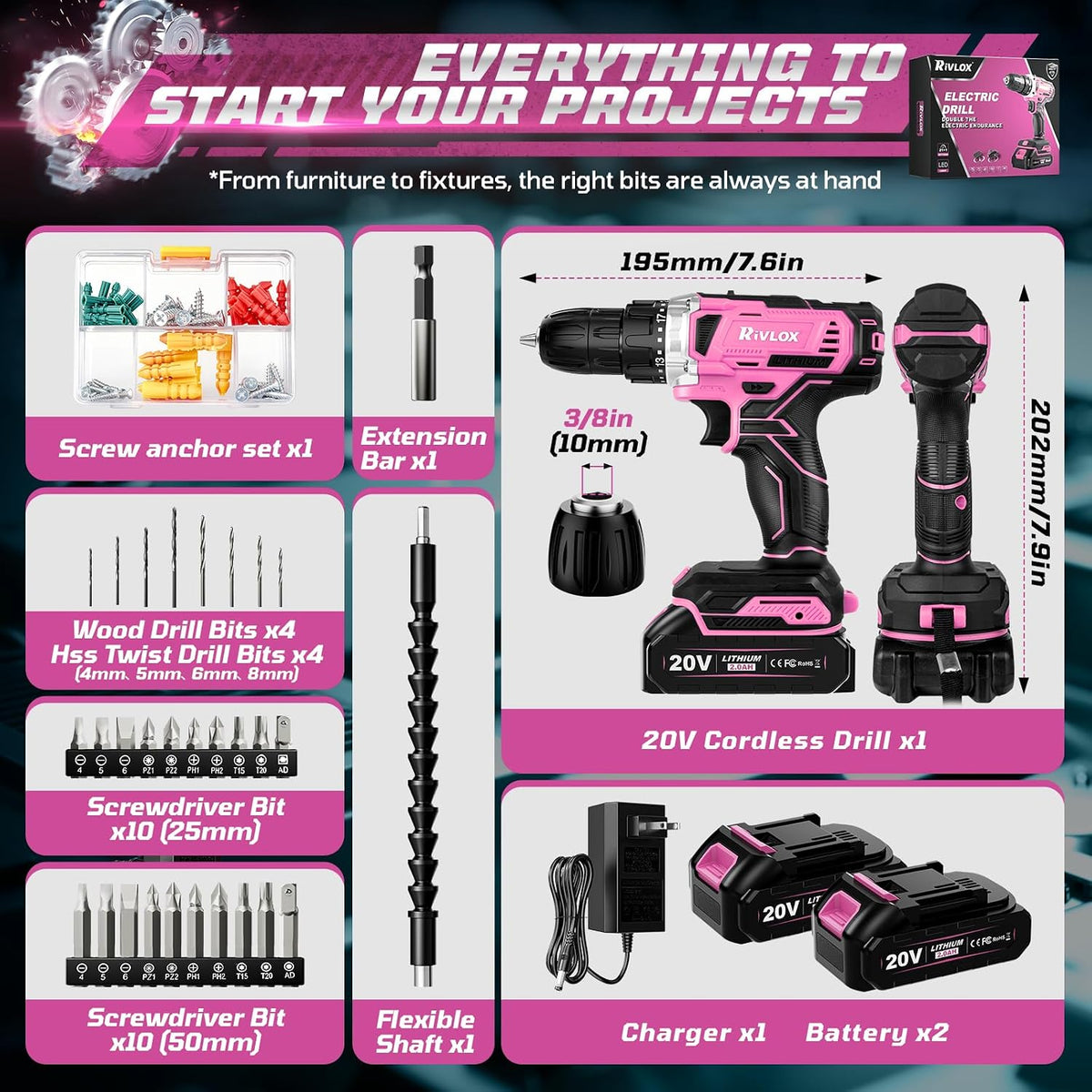 20V Cordless Drill Set,Electric Power Drill Cordless,Power Drill Drivers