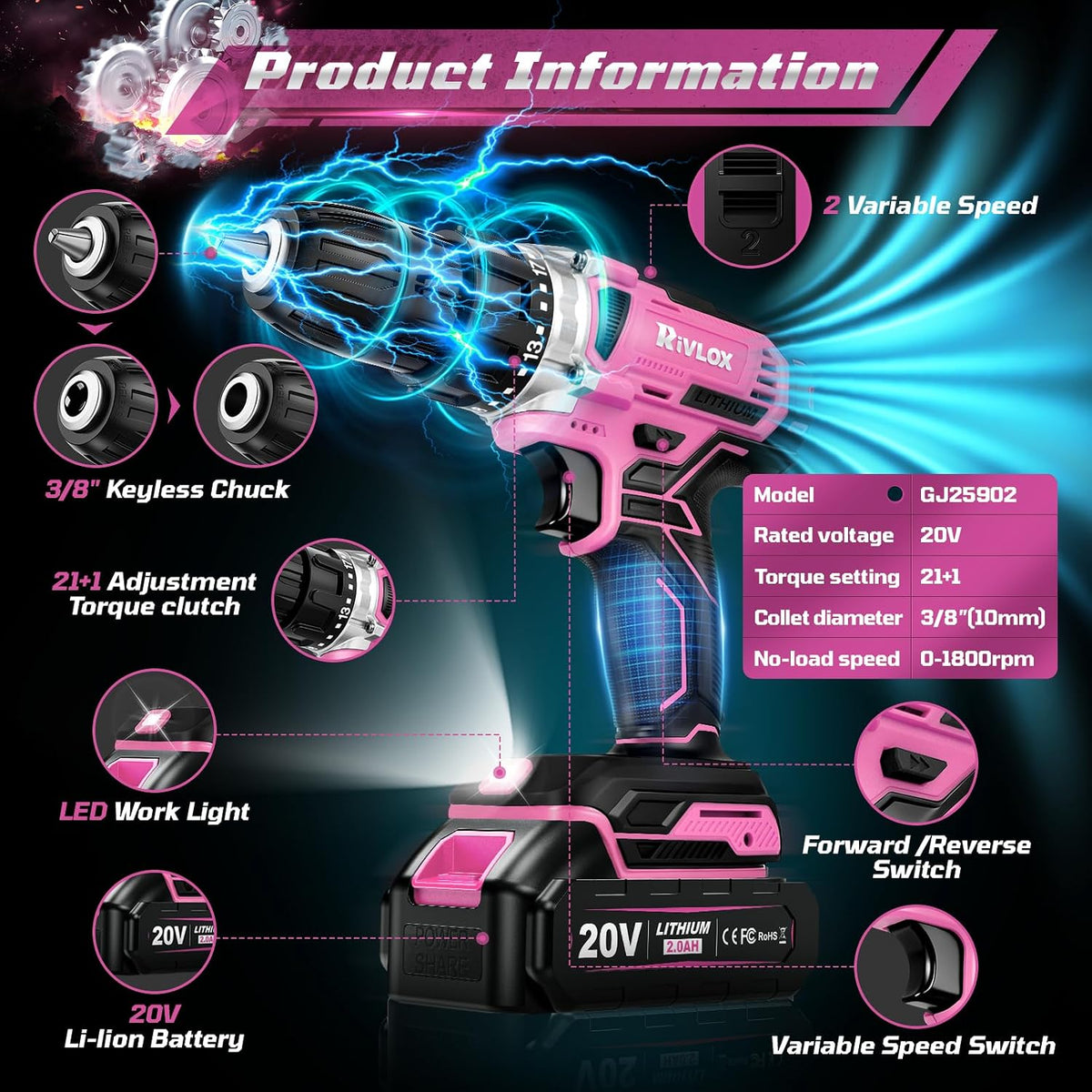 20V Cordless Drill Set,Electric Power Drill Cordless,Power Drill Drivers