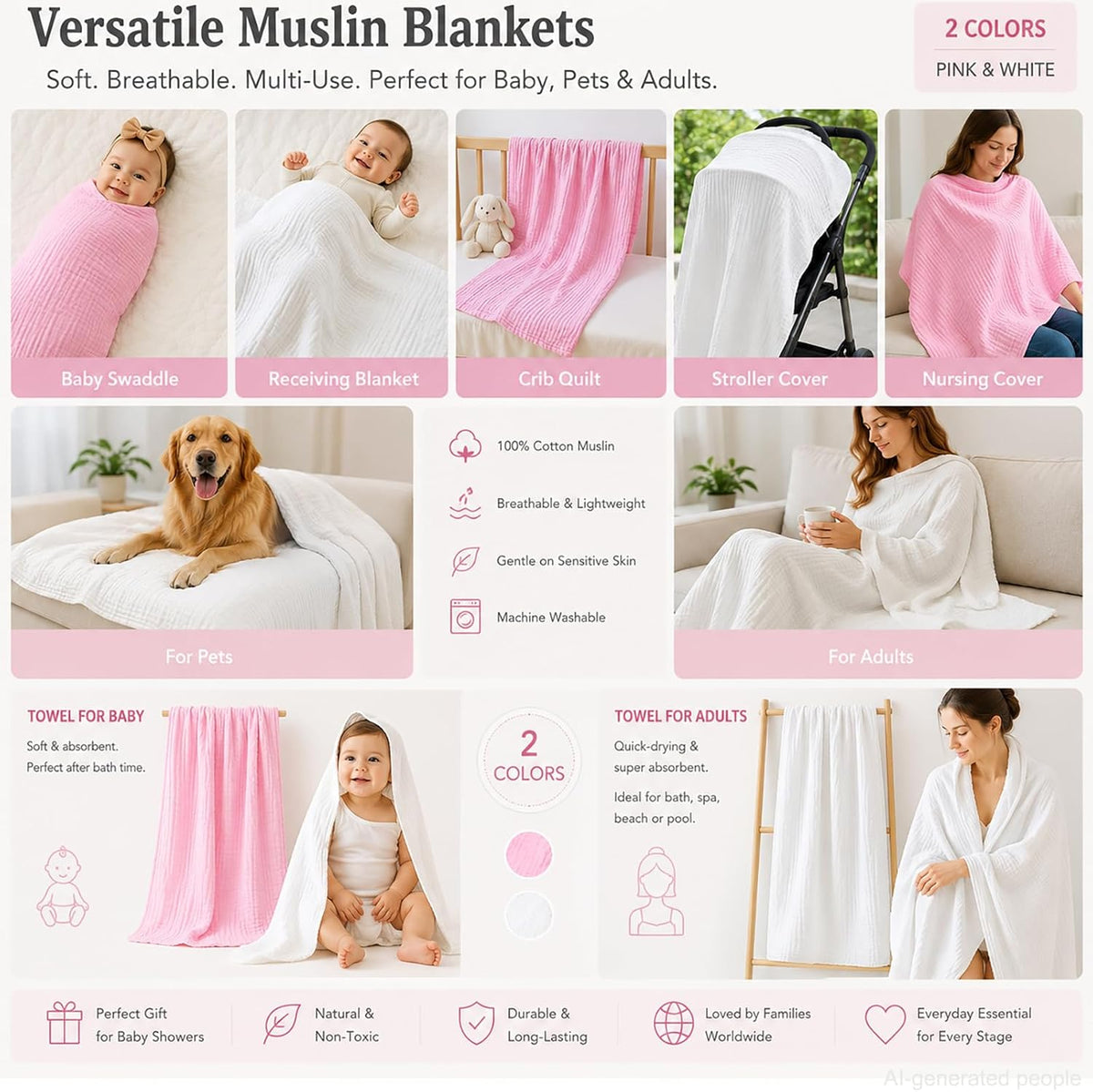 Muslin Baby Blanket 6-Layer 43"x43", 2-Pack(White & Pink)