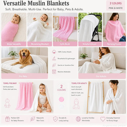 Muslin Baby Blanket 6-Layer 43"x43", 2-Pack(White & Pink)