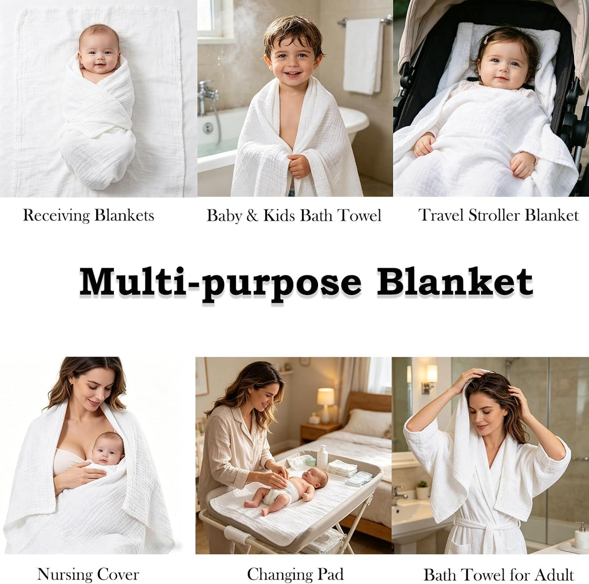 Muslin Baby Blanket 6-Layer 43"x43", 2-Pack(White & Pink)