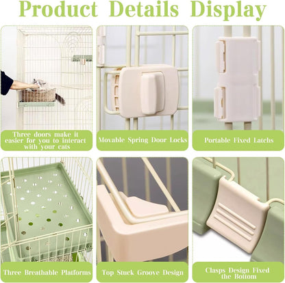 Hamiledyi 4-Tier Cat Cage Indoor Large Cat Enclosure with 1 Ramp Ladders 3 Platforms 3 Doors Metal Cat Playpen Outdoor Kitten Cage for 1-3 Small and Medium Pets (Green)