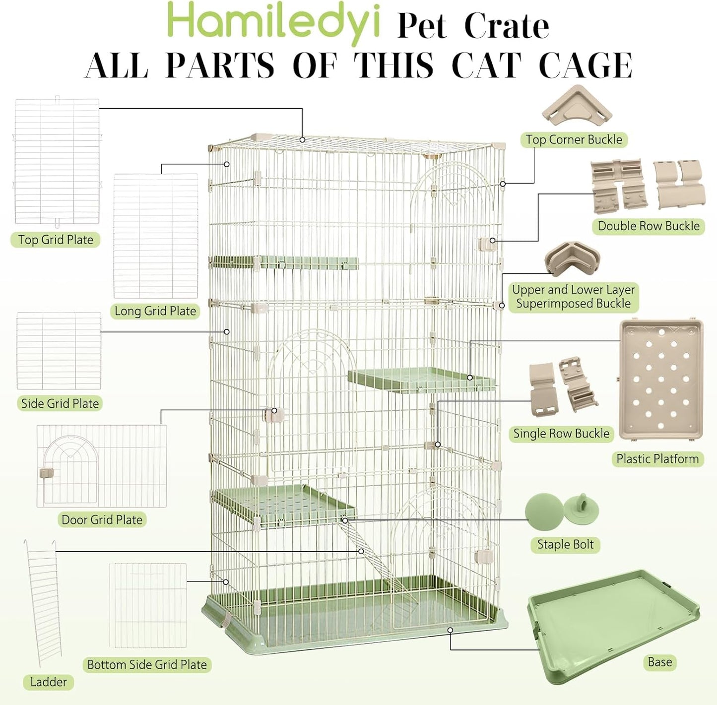 Hamiledyi 4-Tier Cat Cage Indoor Large Cat Enclosure with 1 Ramp Ladders 3 Platforms 3 Doors Metal Cat Playpen Outdoor Kitten Cage for 1-3 Small and Medium Pets (Green)