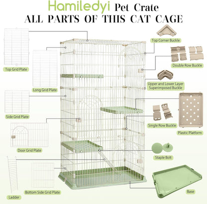 Hamiledyi 4-Tier Cat Cage Indoor Large Cat Enclosure with 1 Ramp Ladders 3 Platforms 3 Doors Metal Cat Playpen Outdoor Kitten Cage for 1-3 Small and Medium Pets (Green)