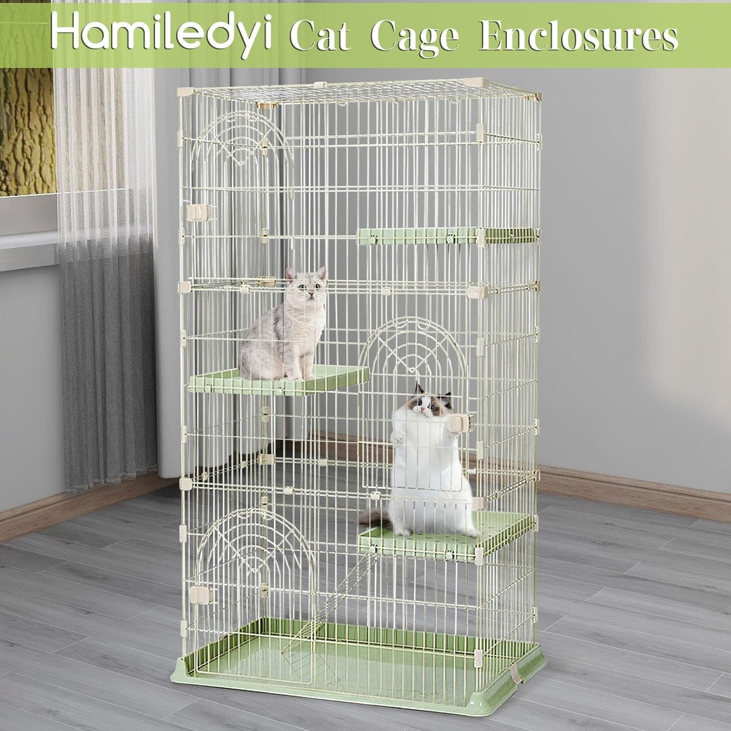 Hamiledyi 4-Tier Cat Cage Indoor Large Cat Enclosure with 1 Ramp Ladders 3 Platforms 3 Doors Metal Cat Playpen Outdoor Kitten Cage for 1-3 Small and Medium Pets (Green)