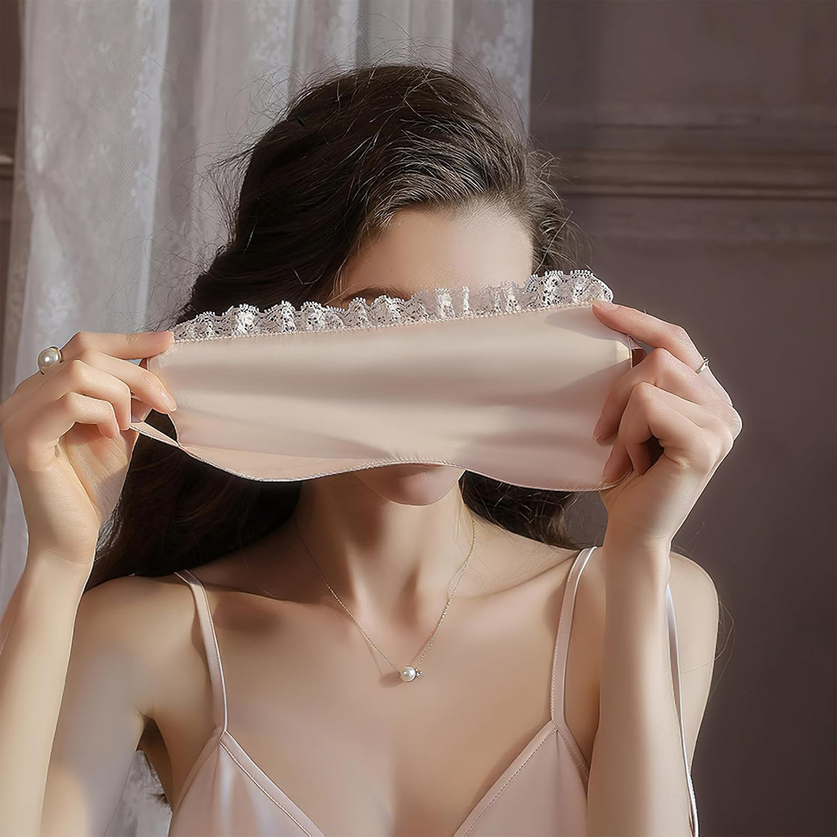 Silk Sleeping Blindfolds Eye Mask - Pink Mysterious Adjustable Block Light Eye Sleep Mask for Costume Parties Valentine, Smooth Breathable Eyes Cover for Women Bed Night Sleeping Time Gift