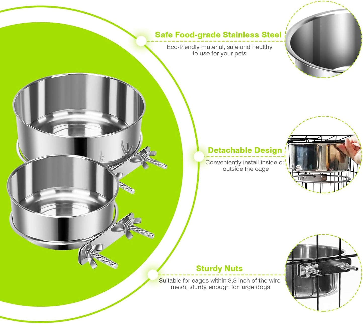 2 Pcs Small Pet Dog Food Water Bowl for Cage Stainless Steel Non-Spill Kennel Hanging Cats Pets Bowls with Clamp Holder Crate Feeder Dish for Small Dogs Pets (4.7x1.9'' & 3.9x1.7'')