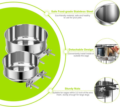 2 Pcs Small Pet Dog Food Water Bowl for Cage Stainless Steel Non-Spill Kennel Hanging Cats Pets Bowls with Clamp Holder Crate Feeder Dish for Small Dogs Pets (4.7x1.9'' & 3.9x1.7'')