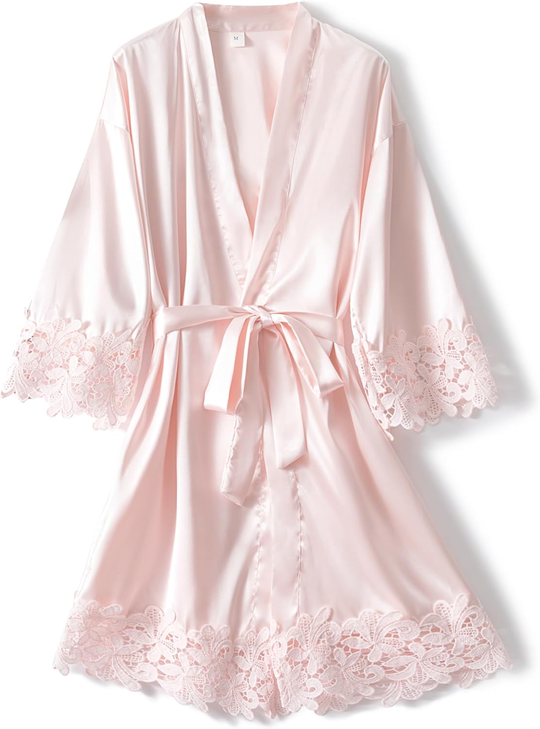 Women's Lace Trim Robe Bride Bridesmaid Kimono Robes Silky Satin Bathrobe