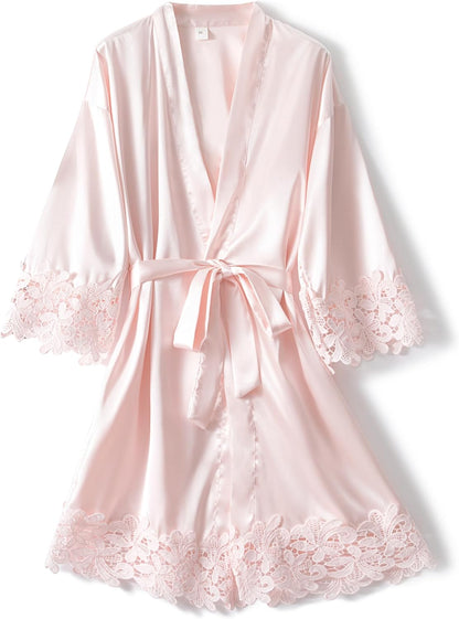 Women's Lace Trim Robe Bride Bridesmaid Kimono Robes Silky Satin Bathrobe