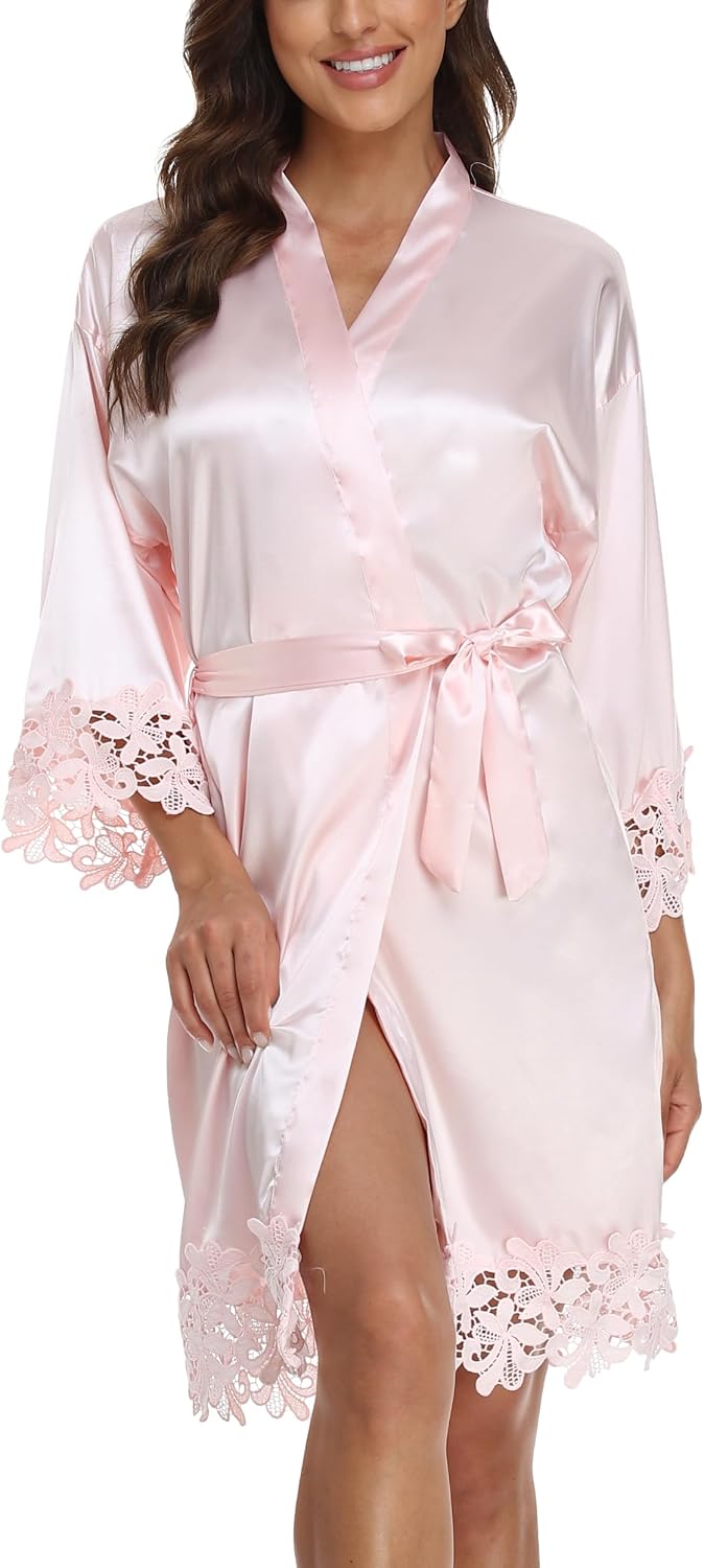 Women's Lace Trim Robe Bride Bridesmaid Kimono Robes Silky Satin Bathrobe