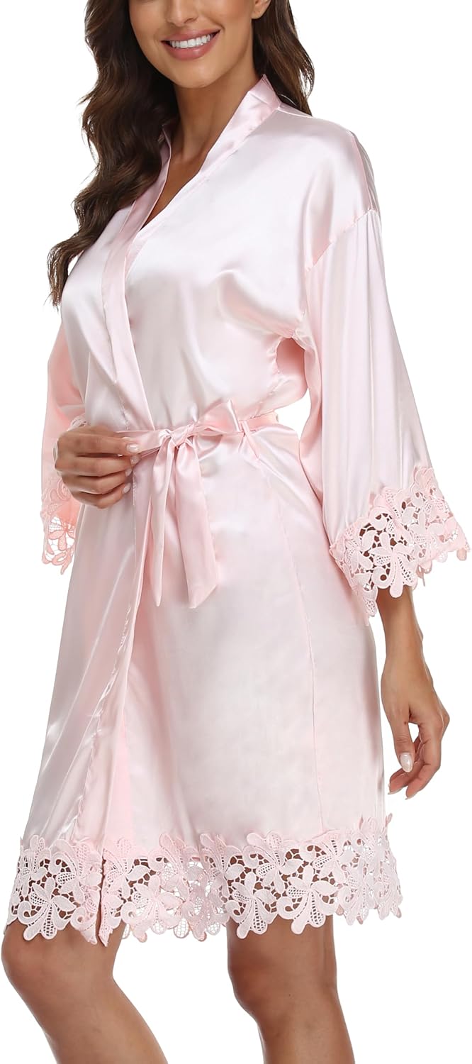 Women's Lace Trim Robe Bride Bridesmaid Kimono Robes Silky Satin Bathrobe
