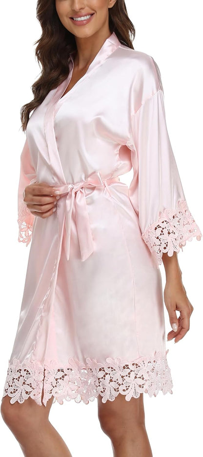 Women's Lace Trim Robe Bride Bridesmaid Kimono Robes Silky Satin Bathrobe
