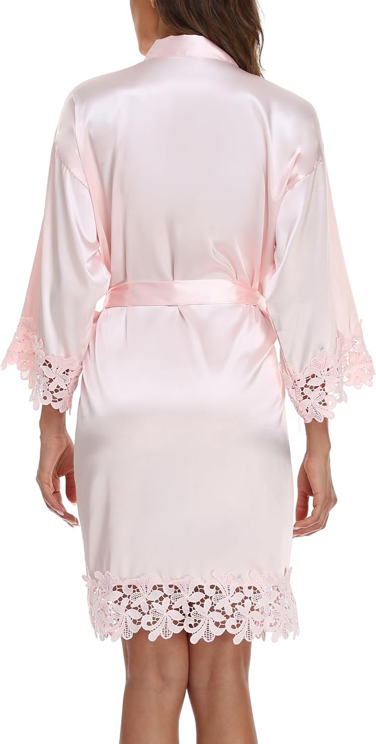 Women's Lace Trim Robe Bride Bridesmaid Kimono Robes Silky Satin Bathrobe
