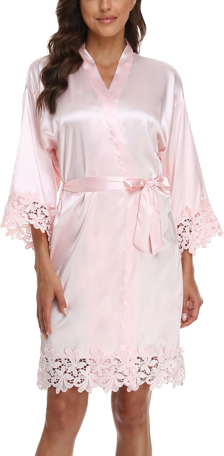 Women's Lace Trim Robe Bride Bridesmaid Kimono Robes Silky Satin Bathrobe